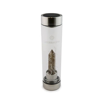 Sagittarius Laterra Gemstone Water Bottle with smoky quartz crystal attachment inside clear glass bottle on white background.